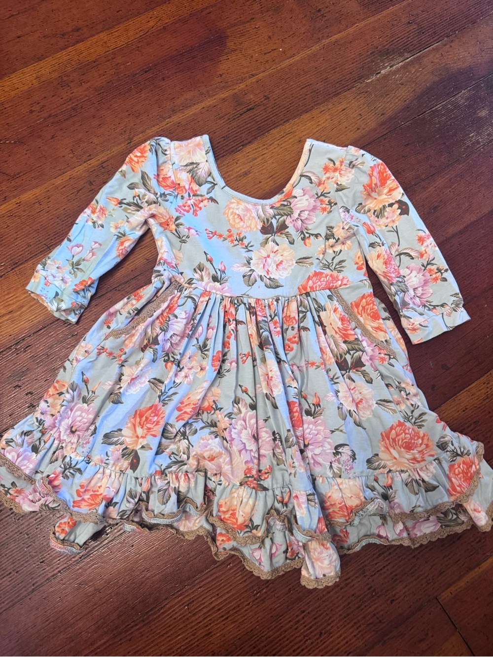 Girls Floral Long-Sleeve Ruffle Dress - Light Blue with Pink & Coral Blooms